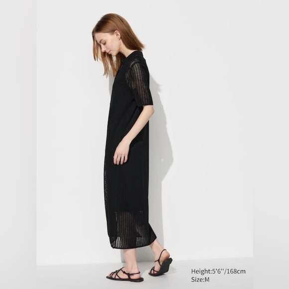 UNIQLO Lace Knit Dress Wool A-line Button Down Black  XS Open Knit midi collared - Picture 4 of 14